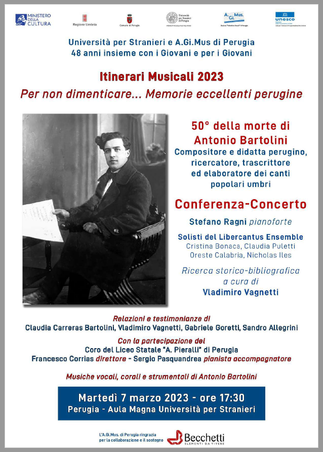 TINERARI MUSICALI 2023 Per non dimenticare…..Memorie eccellenti perugine 50° della morte di Antonio Bartolini